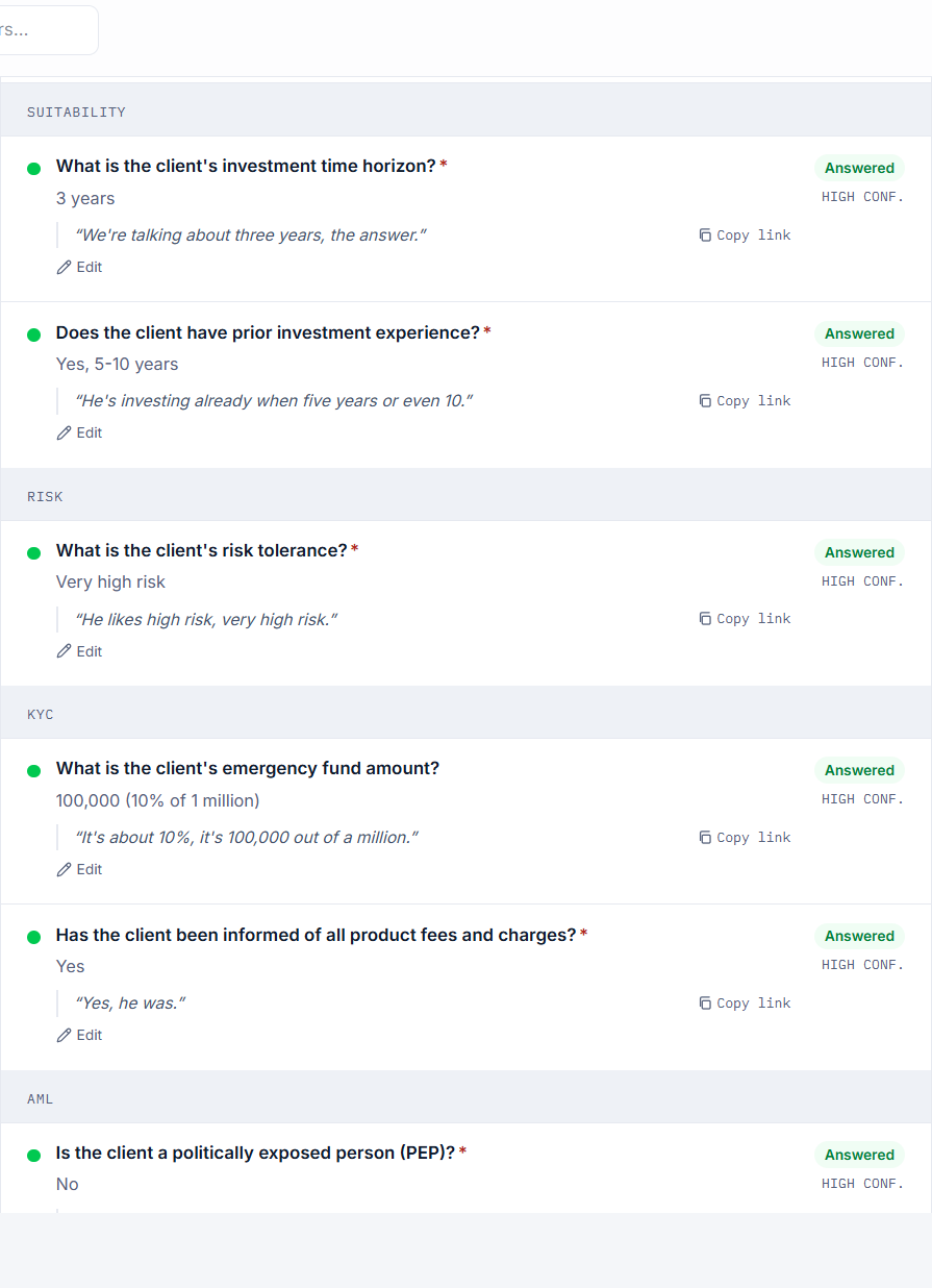 Protokol compliance form card showing Suitability, Risk, KYC and AML sections — all questions answered with HIGH CONF and transcript quotes