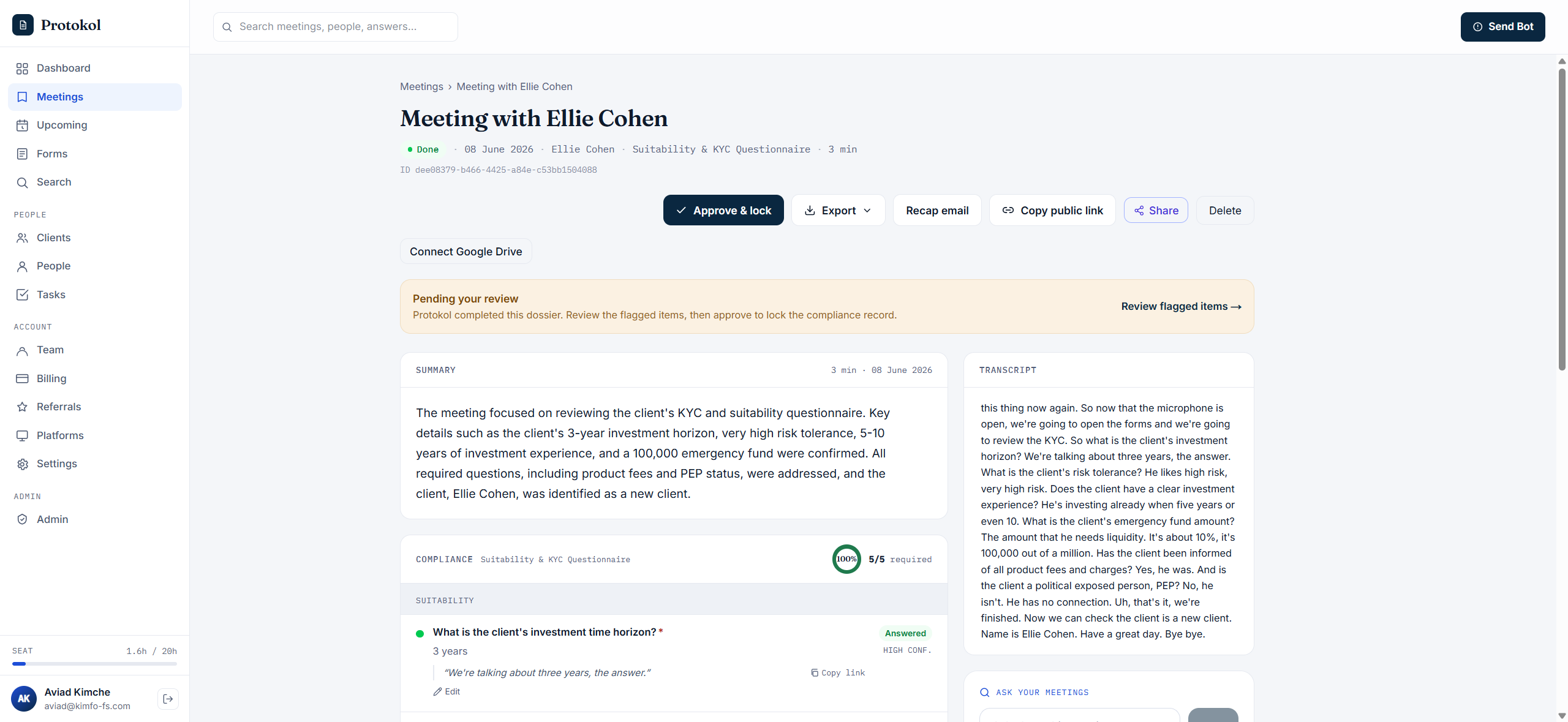 Protokol meeting detail — suitability review with 88% compliance score, answered questions and transcript quotes